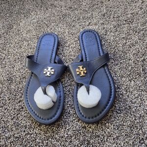 Tory Burch Jolie Navy Blue Sandals with Gold Logo